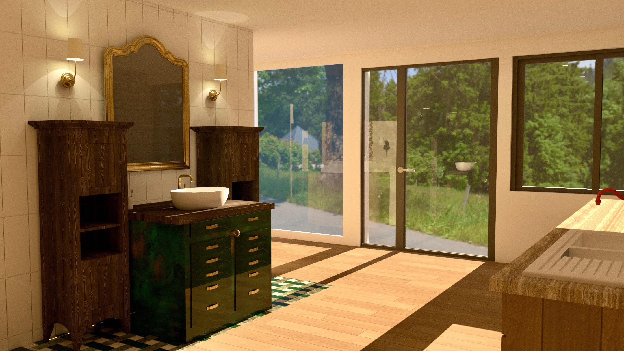 Meuble vasque vert patine bois laiton