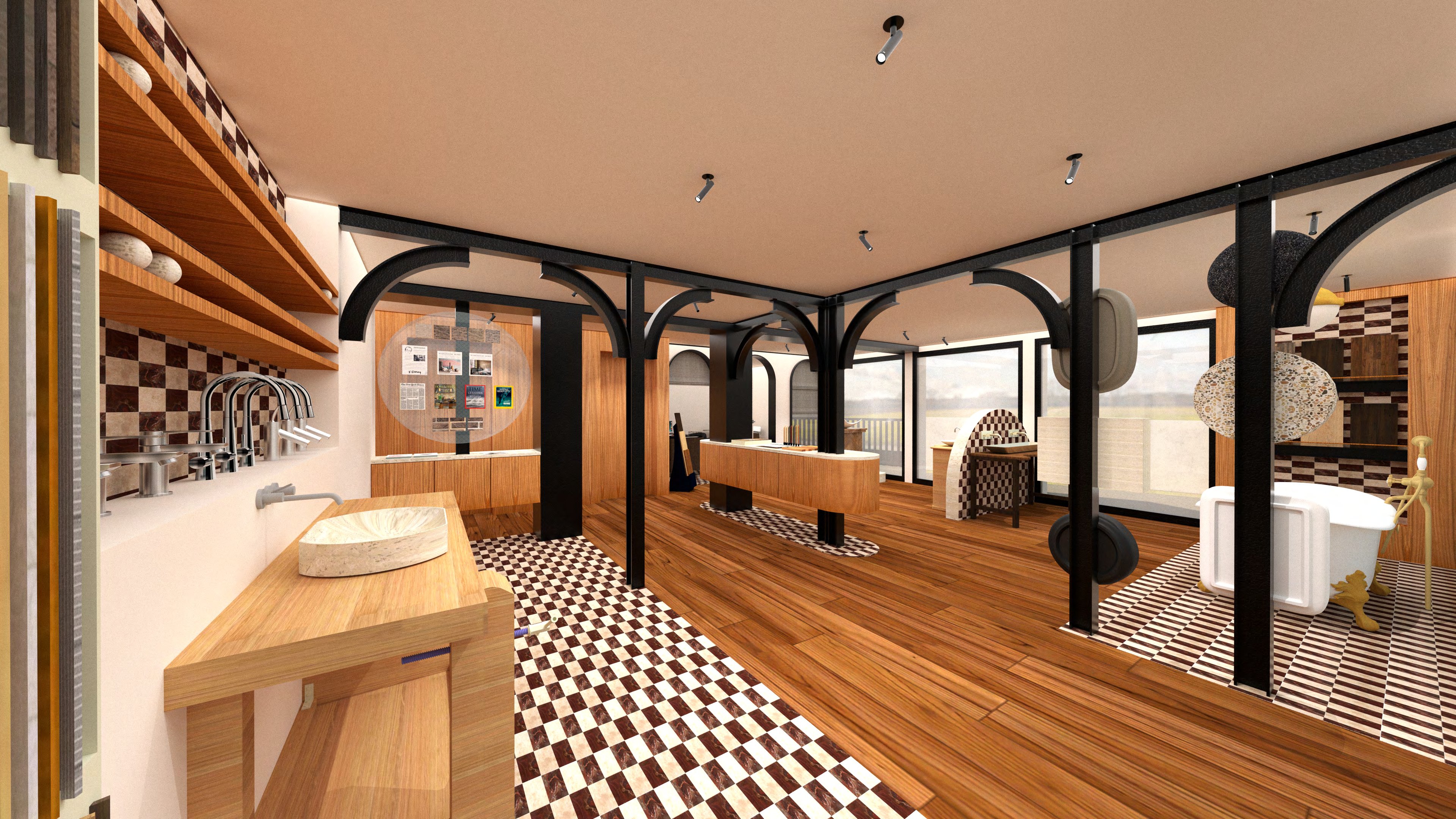 Showroom arches bois damier